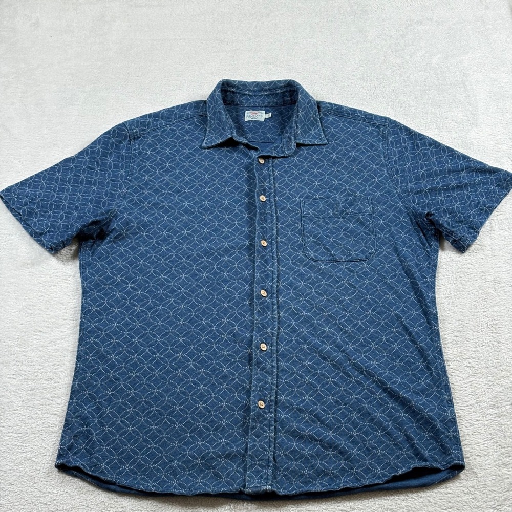 Faherty Indigo Dyed Sashiko Circle Print Short Sleeve Button Down Shirt Mens L - Picture 2 of 9